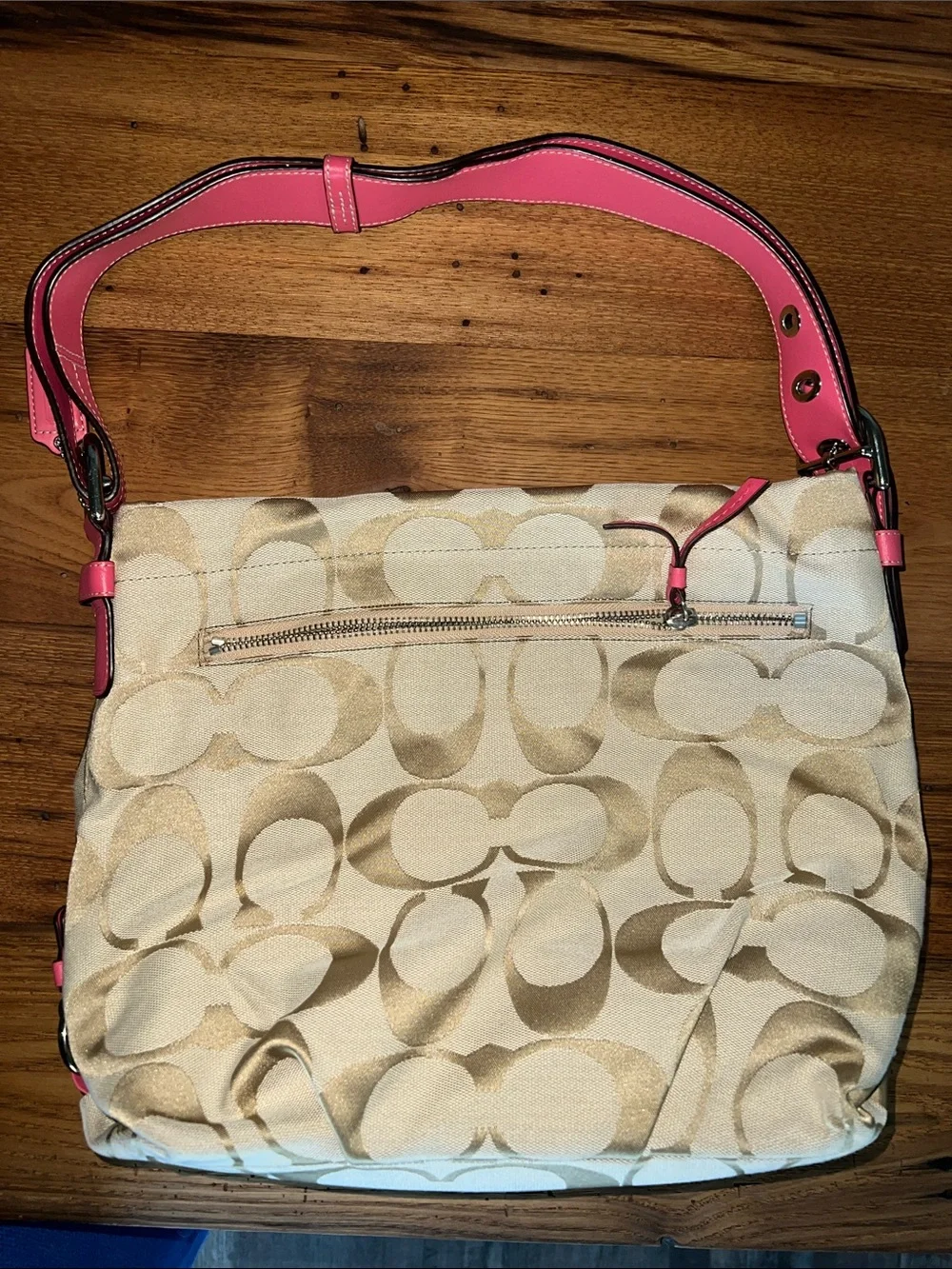 Coach Beige Signature Canvas Shoulder Bag with Pink Leather Strap